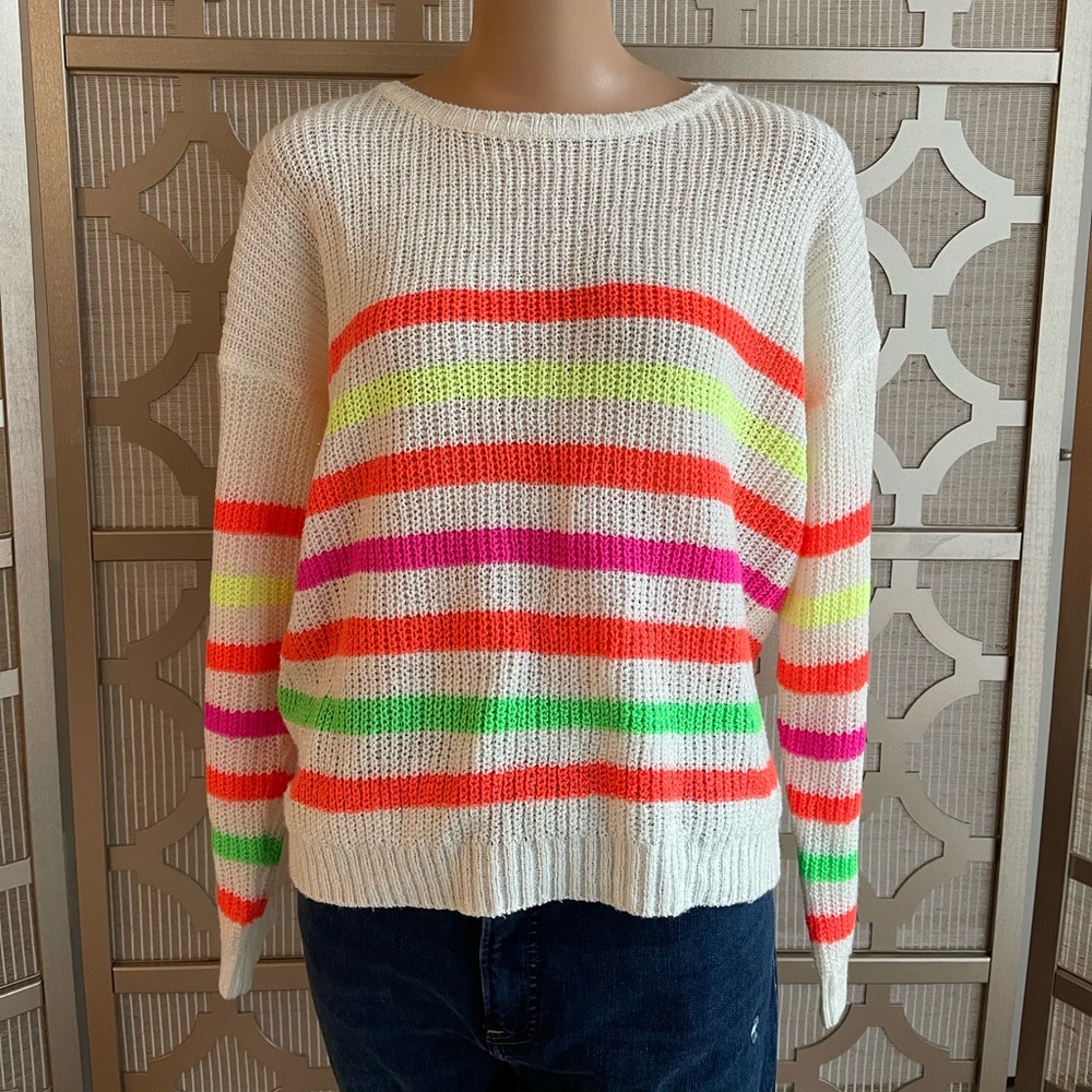 Pink Lily! Neon, Lightweight Sweater! Great for Spring & Summer! Stripes! MED/LG - Picture 3 of 6